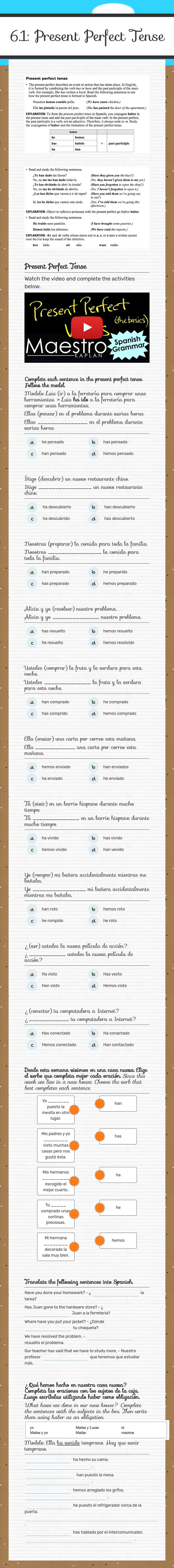 6.1: Present Perfect Tense worksheet preview image