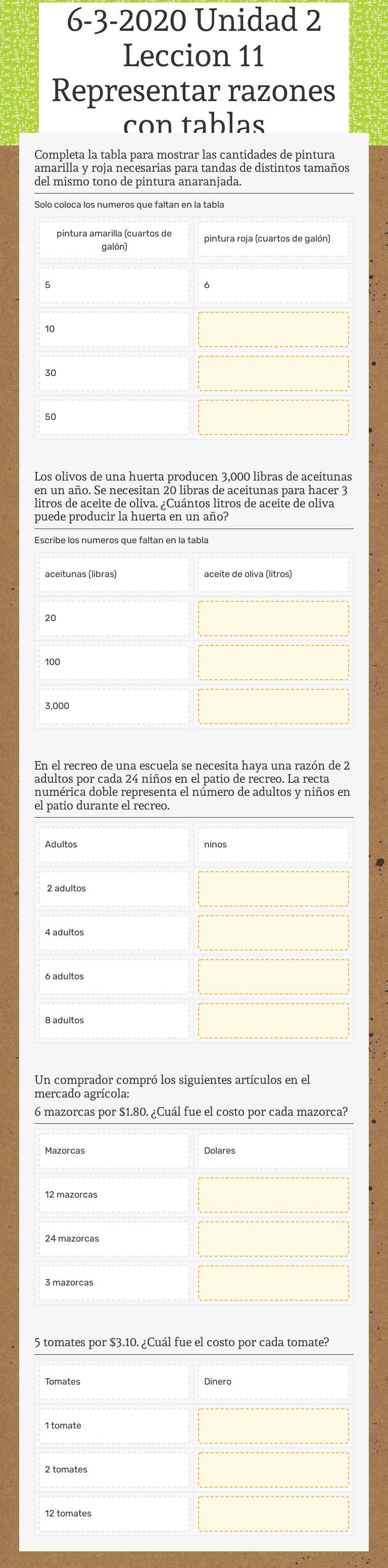 6-3-2020 Unidad 2 Leccion 11            Representar razones con tablas worksheet preview image