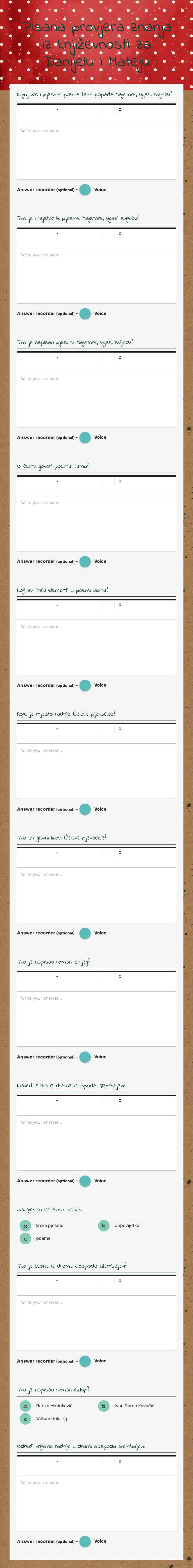 Pisana provjera znanja iz književnosti za Danijelu I Mateju Grade 12 worksheet preview