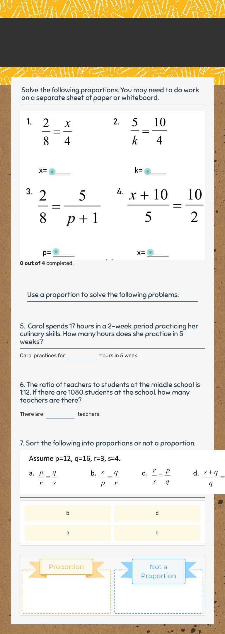 Solving Proportions Grade 10 worksheet preview
