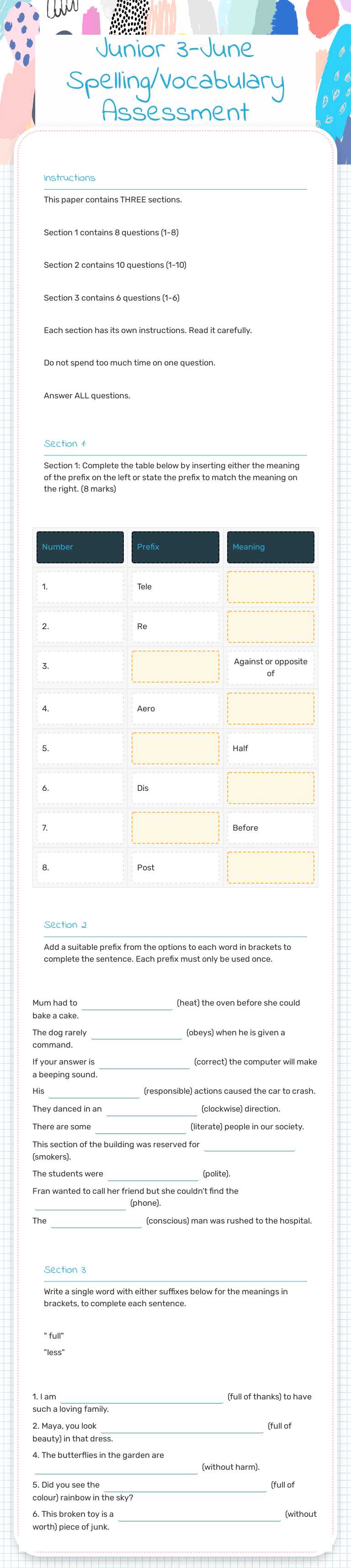 Junior 3-June Spelling/Vocabulary Assessment worksheet preview image