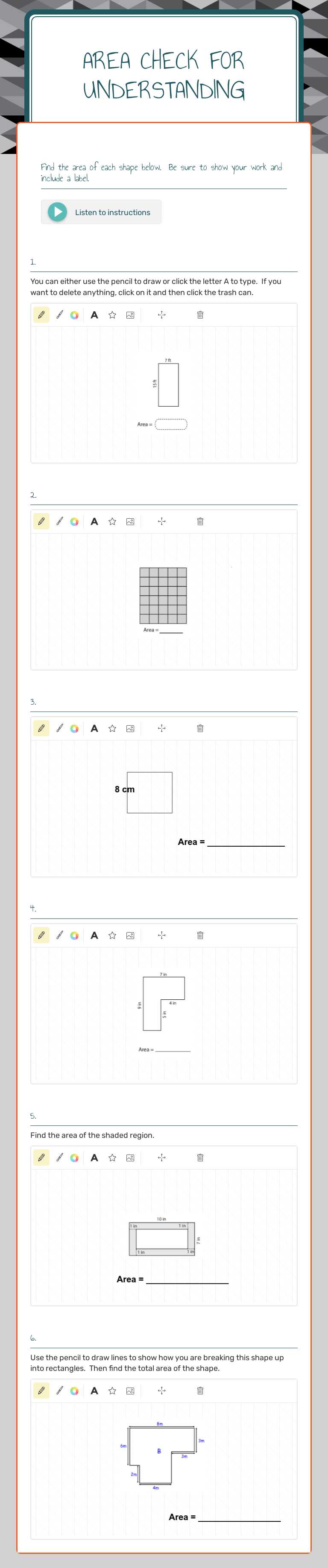 Area Check for Understanding Grade 6 worksheet preview