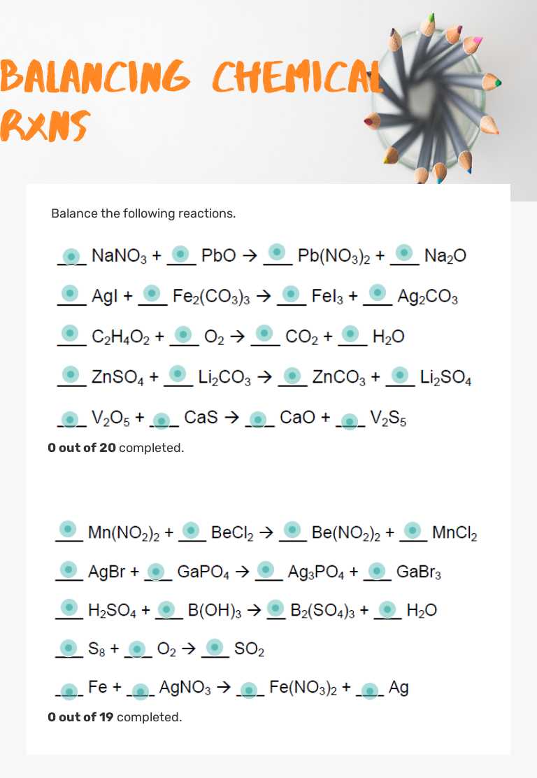 Balancing Chemical Rxns worksheet preview image