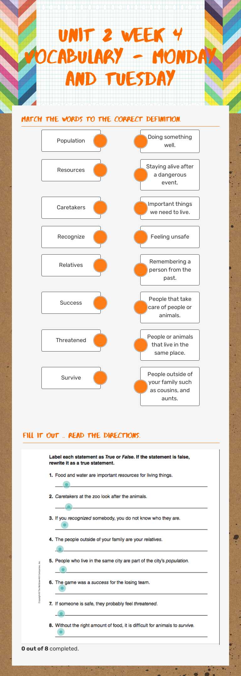Unit 2 Week 4 Vocabulary - MONDAY AND TUESDAY worksheet preview image