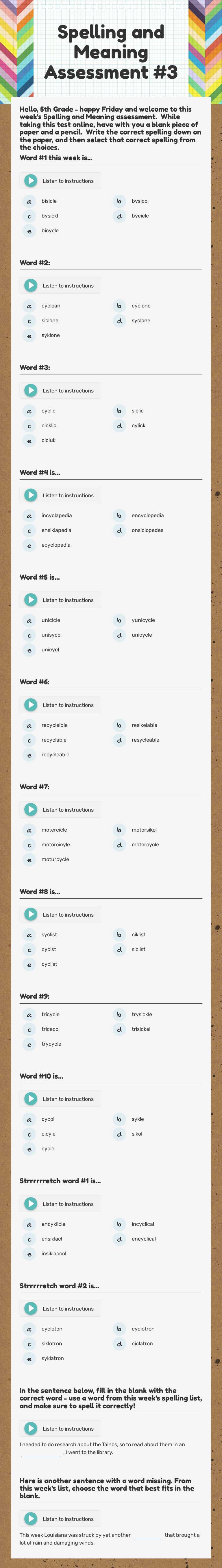 Spelling and Meaning Assessment #3 Grade 5 worksheet preview
