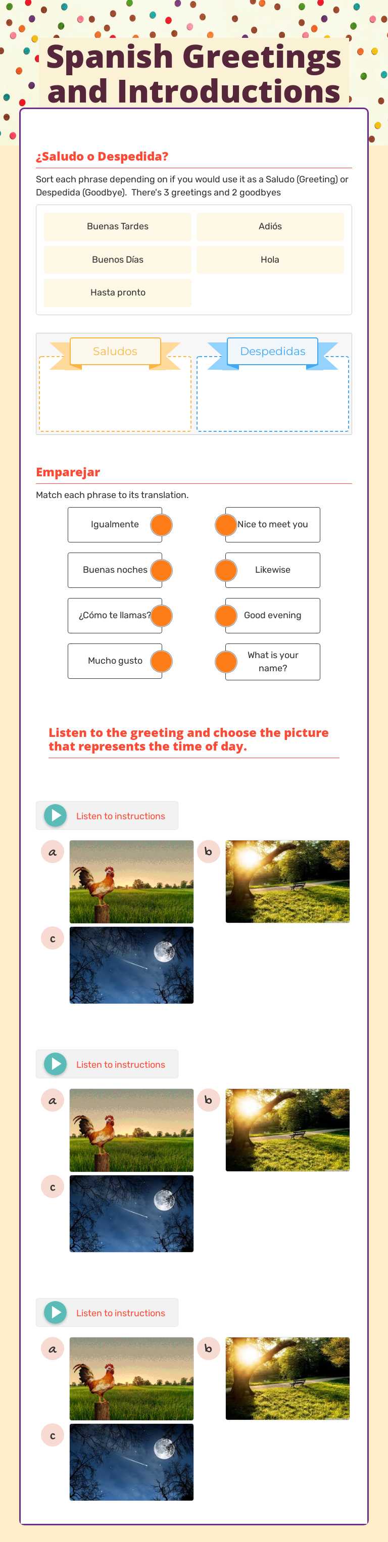 Spanish Greetings and Introductions worksheet preview image