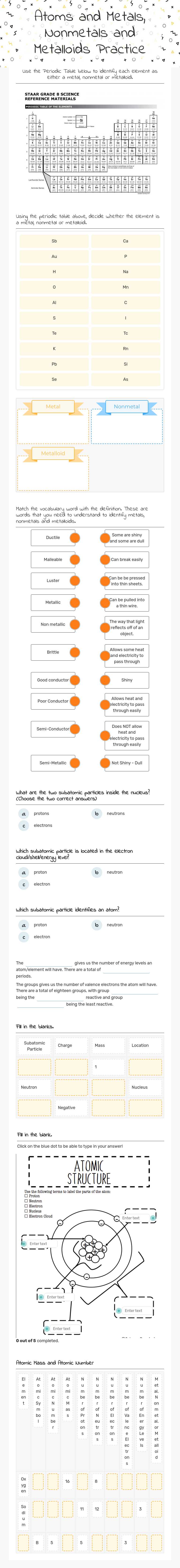 Atoms and Metals, Nonmetals and Metalloids Practice worksheet preview image