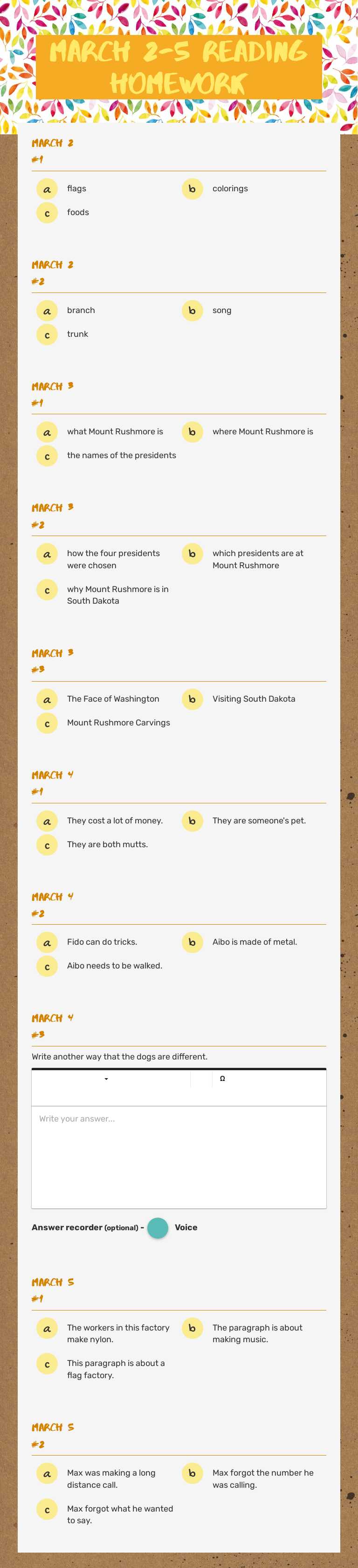 March 2-5 Reading Homework Grade 3 worksheet preview