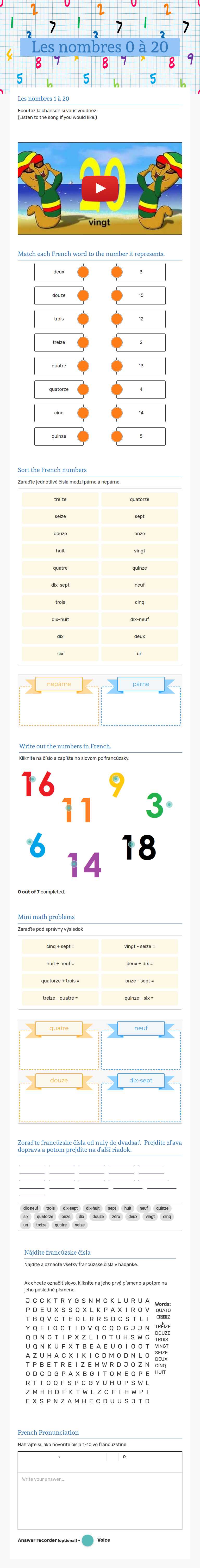 Les nombres 
0 à 20 worksheet preview image