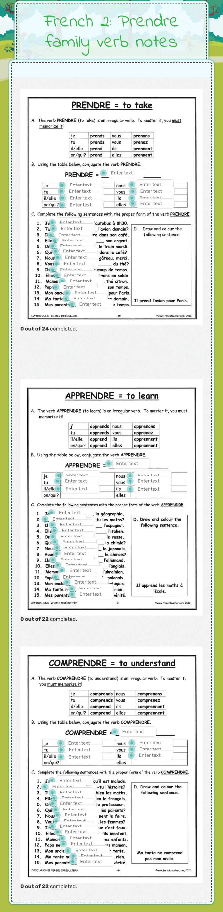 French 2: Prendre family verb notes worksheet preview image