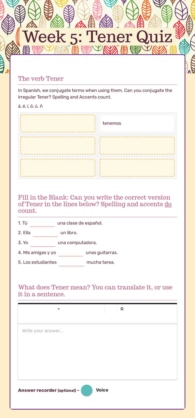 Week 5: Tener Quiz worksheet preview image