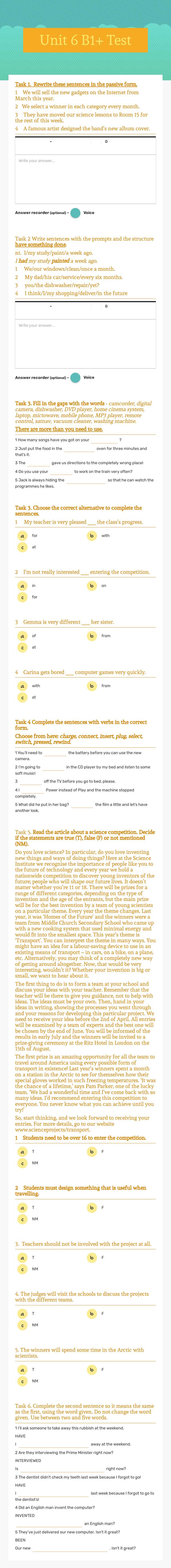 Unit 6 B1+ Test Grade 9 worksheet preview