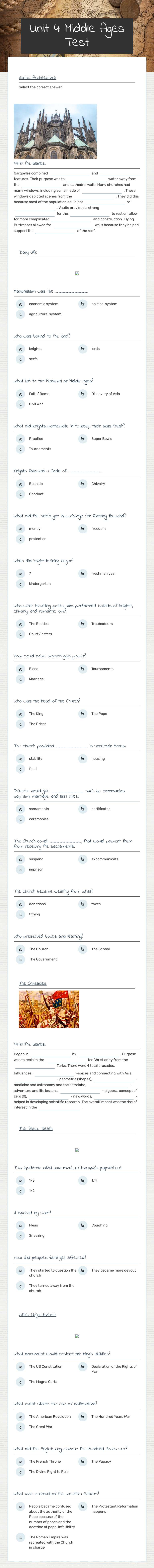 Unit 4: Middle Ages Test worksheet preview image