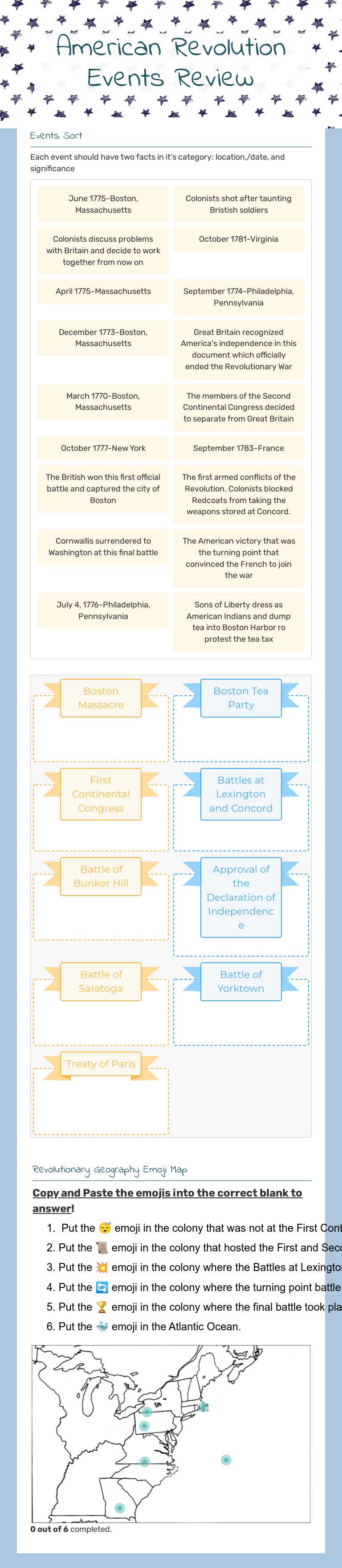 American Revolution Events Review worksheet preview image