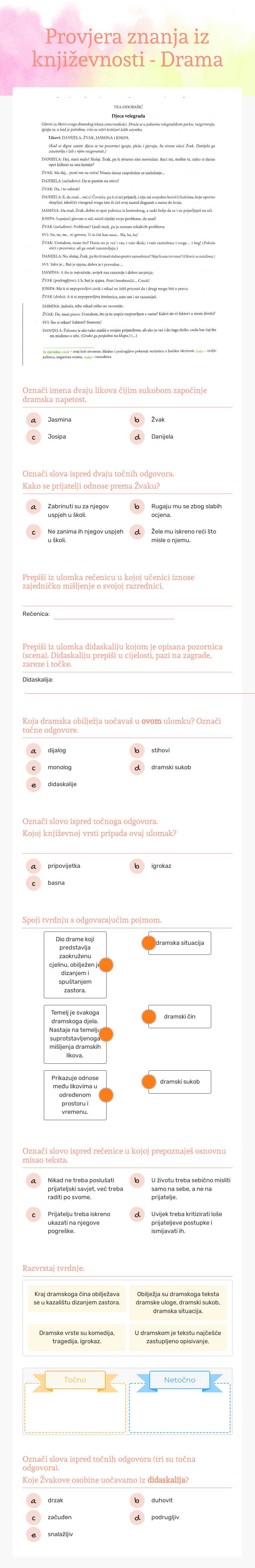 Provjera znanja iz književnosti - Drama worksheet preview image