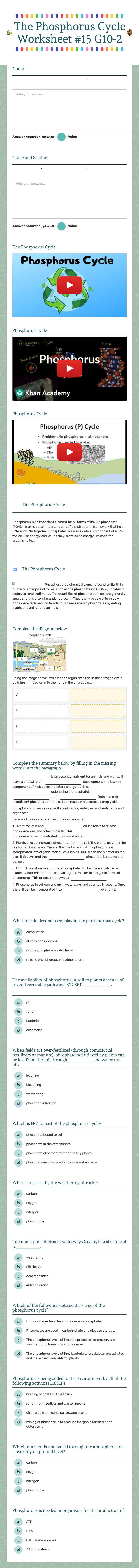 The Phosphorus Cycle Worksheet #15 G10-2 worksheet preview image