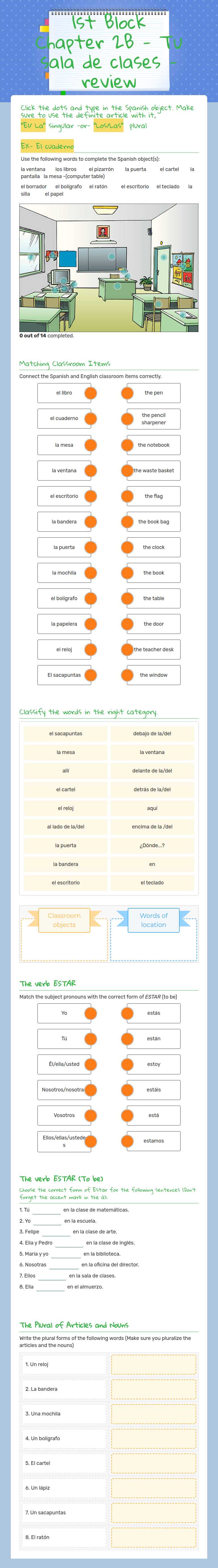 1st Block Chapter 2B - Tu sala de clases -review worksheet preview image
