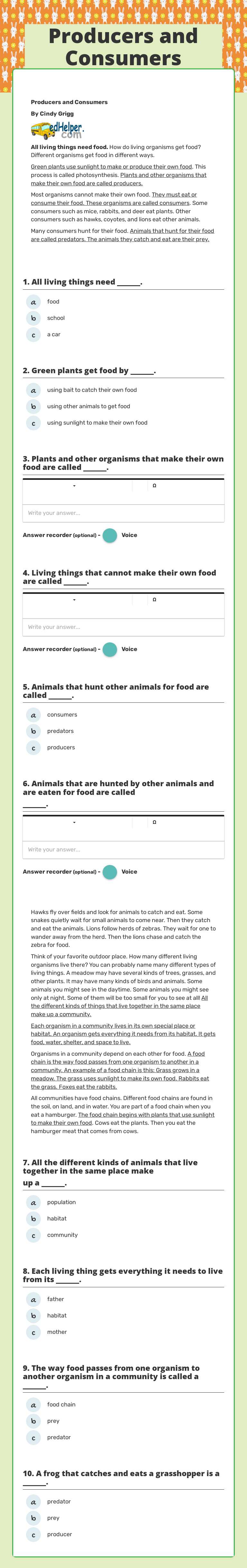 Producers and Consumers worksheet preview image