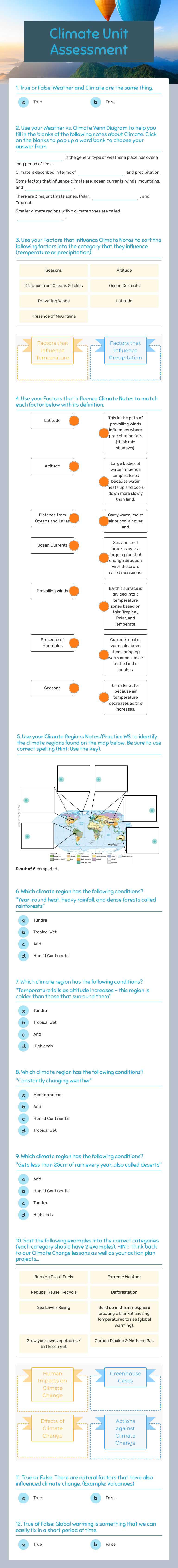 Climate Unit  Assessment worksheet preview image