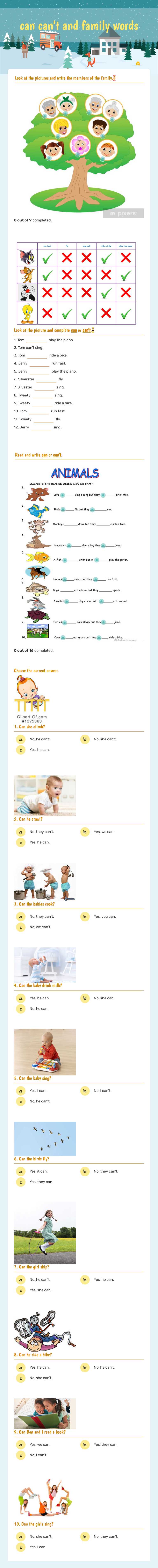 can can't and family words worksheet preview image