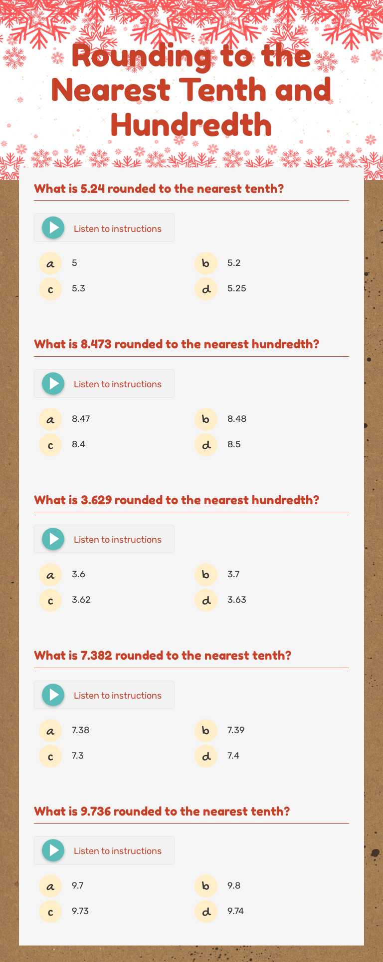 Rounding to the Nearest Tenth and Hundredth worksheet preview image