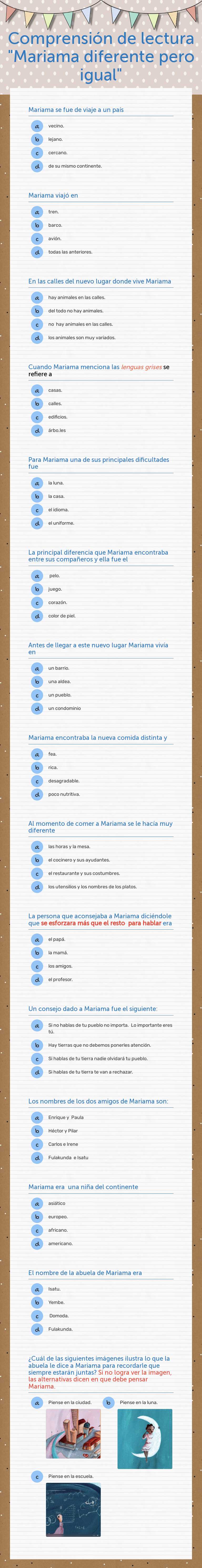 Comprensión de lectura 
"Mariama diferente pero igual" Grade 4 worksheet preview