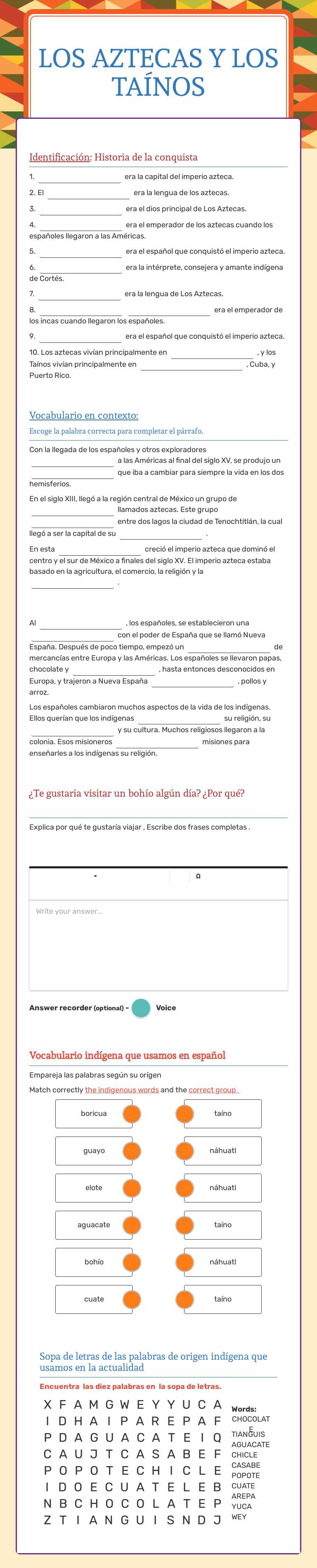 Los aztecas y los TaíNos worksheet preview image