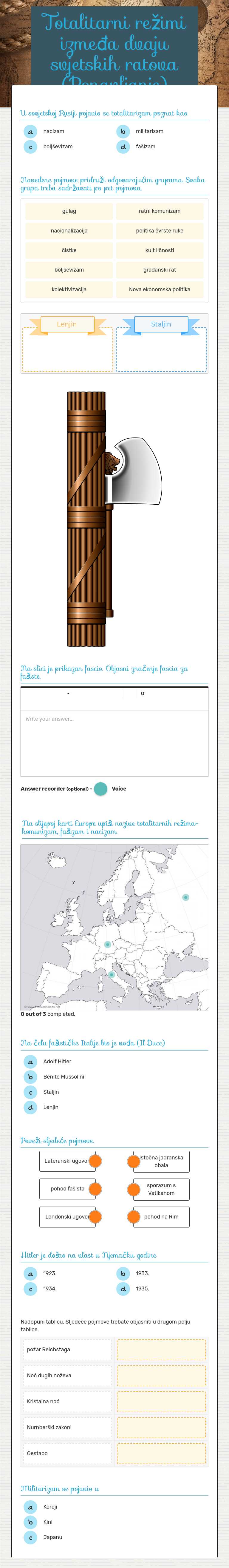Totalitarni režimi izmeđa dvaju svjetskih ratova (Ponavljanje) Grade 8 worksheet preview