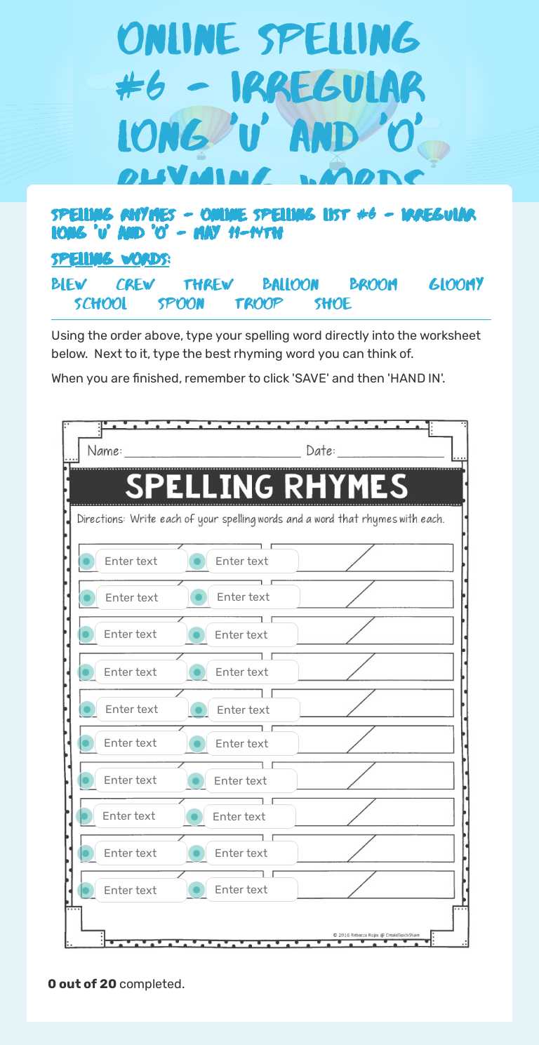Online spelling #6 - Irregular long 'u' and 'o'  Rhyming Words worksheet preview image