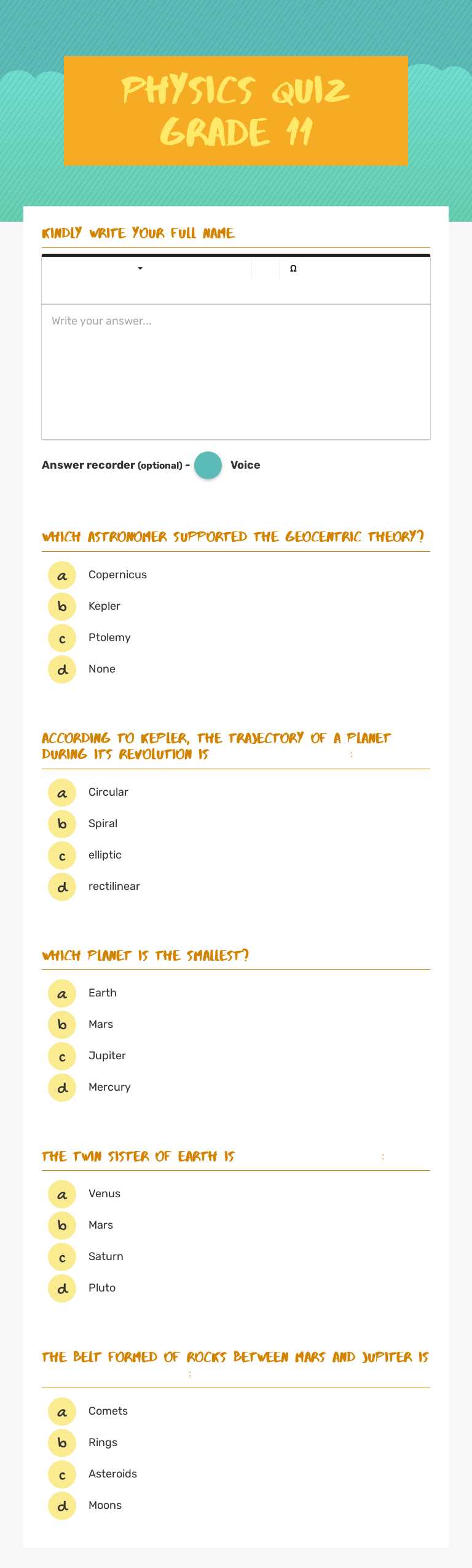 Physics Quiz Grade 11 worksheet preview image