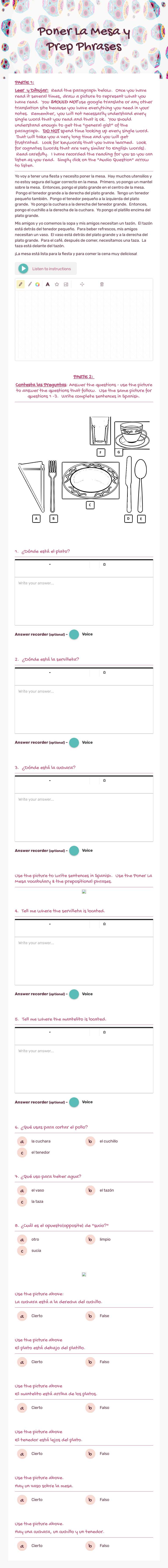 Poner La Mesa
 y 
Prep Phrases worksheet preview image