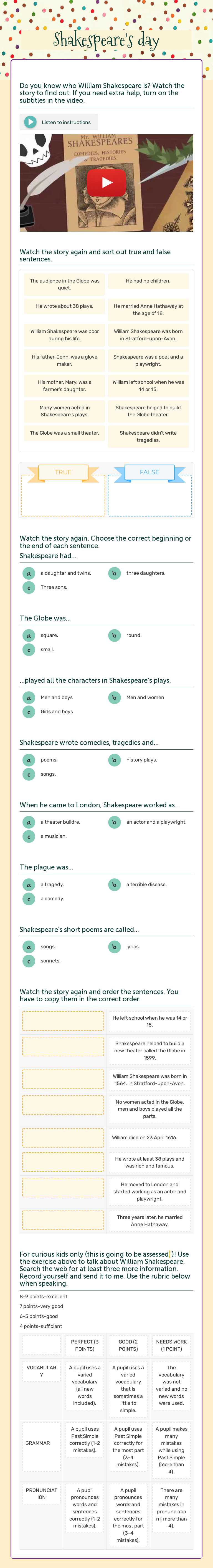 Shakespeare's day Grade 6 worksheet preview