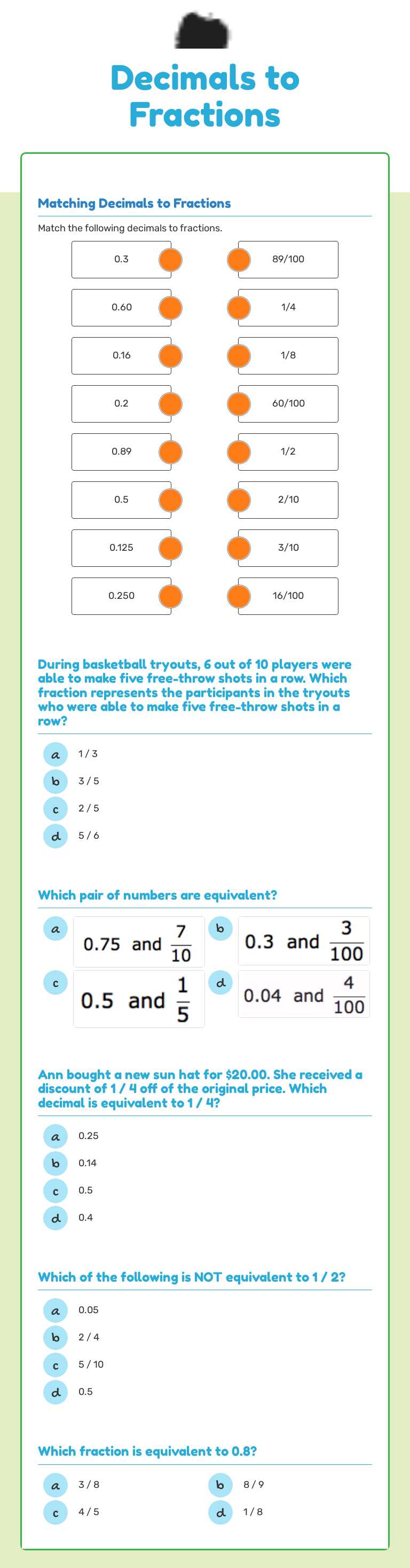 Decimals to Fractions Grade 6 worksheet preview