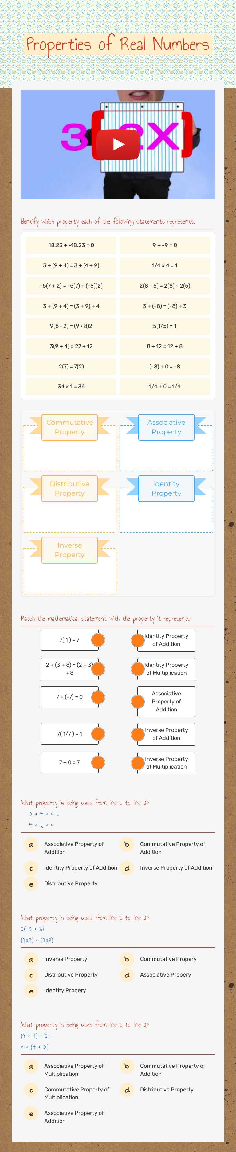 Properties of Real Numbers worksheet preview image