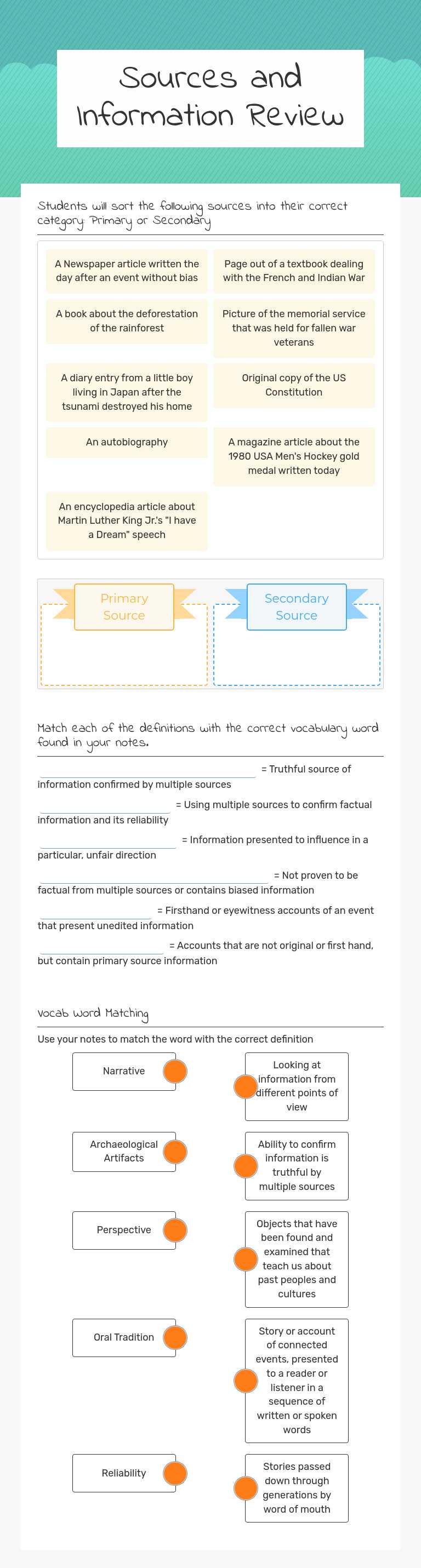 Sources and Information Review worksheet preview image
