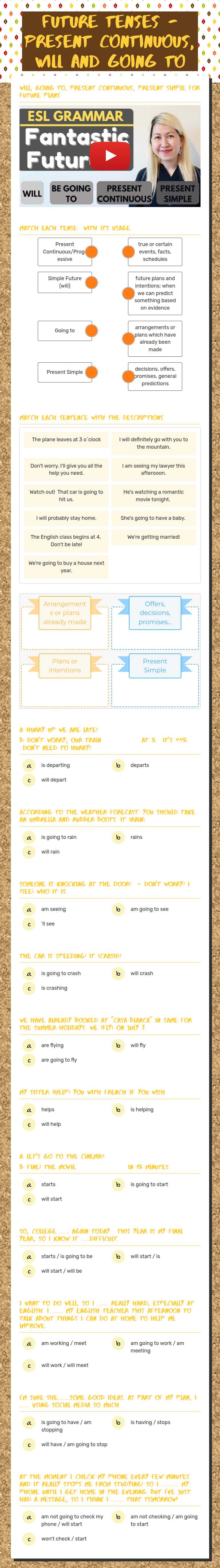 Future tenses - present continuous, will and going to worksheet preview image