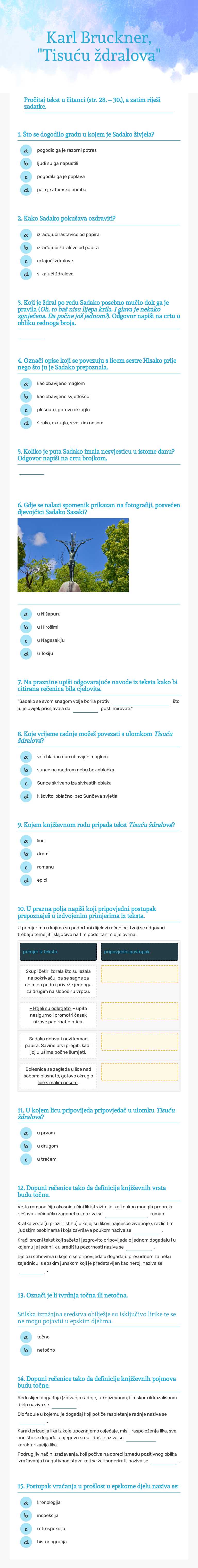 Karl Bruckner, "Tisuću ždralova" worksheet preview image