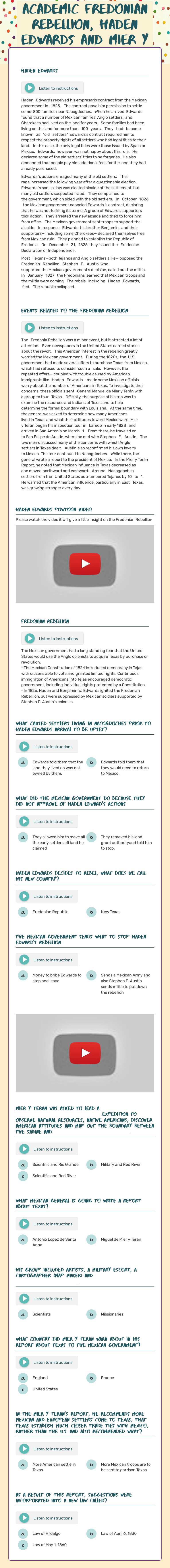 Academic Fredonian Rebellion, Haden Edwards and Mier y Teran Report worksheet preview image