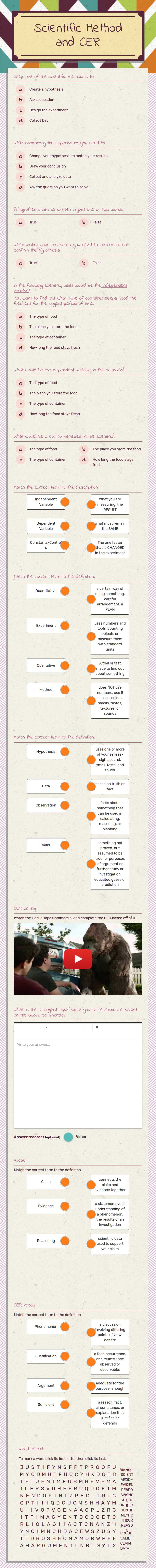 Scientific Method and CER worksheet preview image