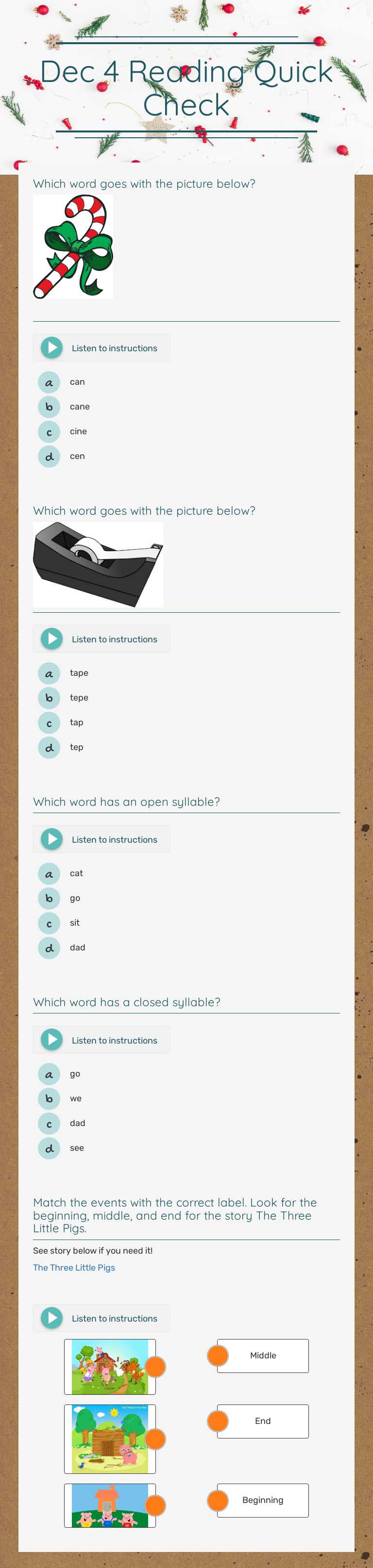 Dec 4 Reading Quick Check Grade 1 worksheet preview