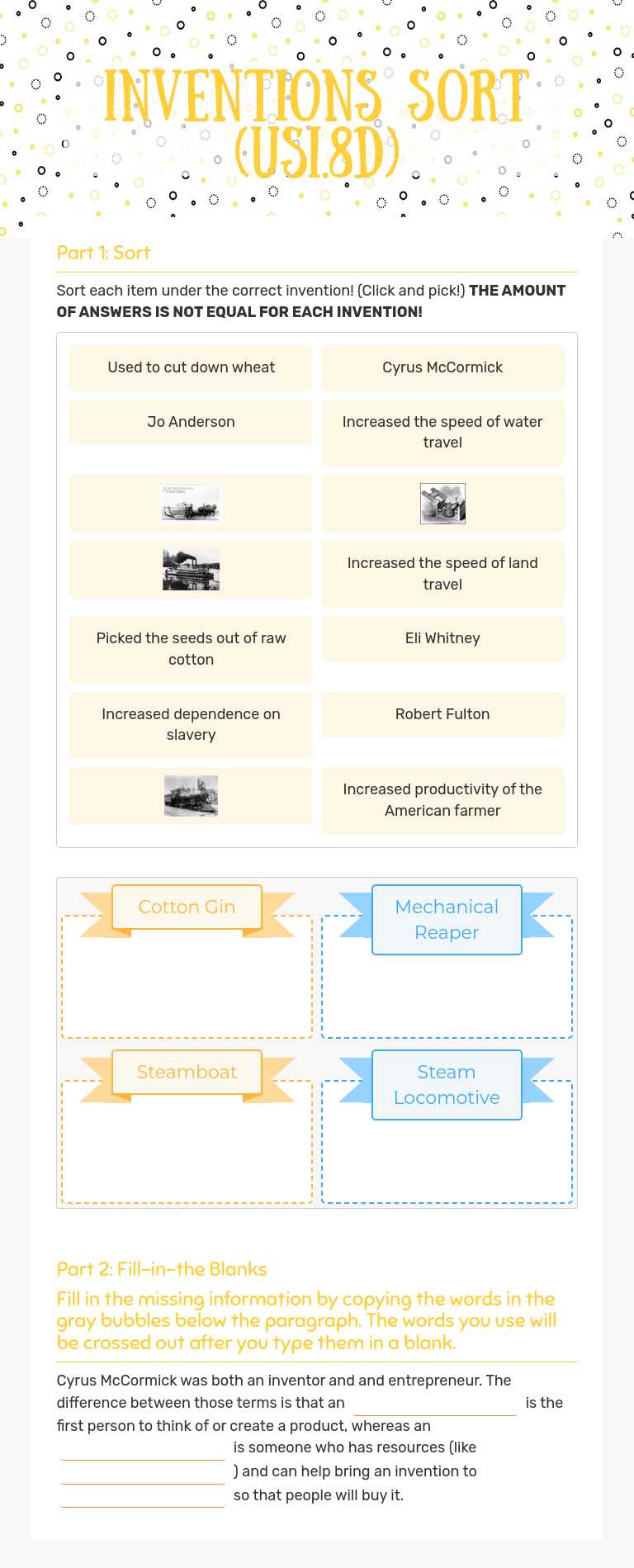 Inventions Sort (USI.8d) worksheet preview image