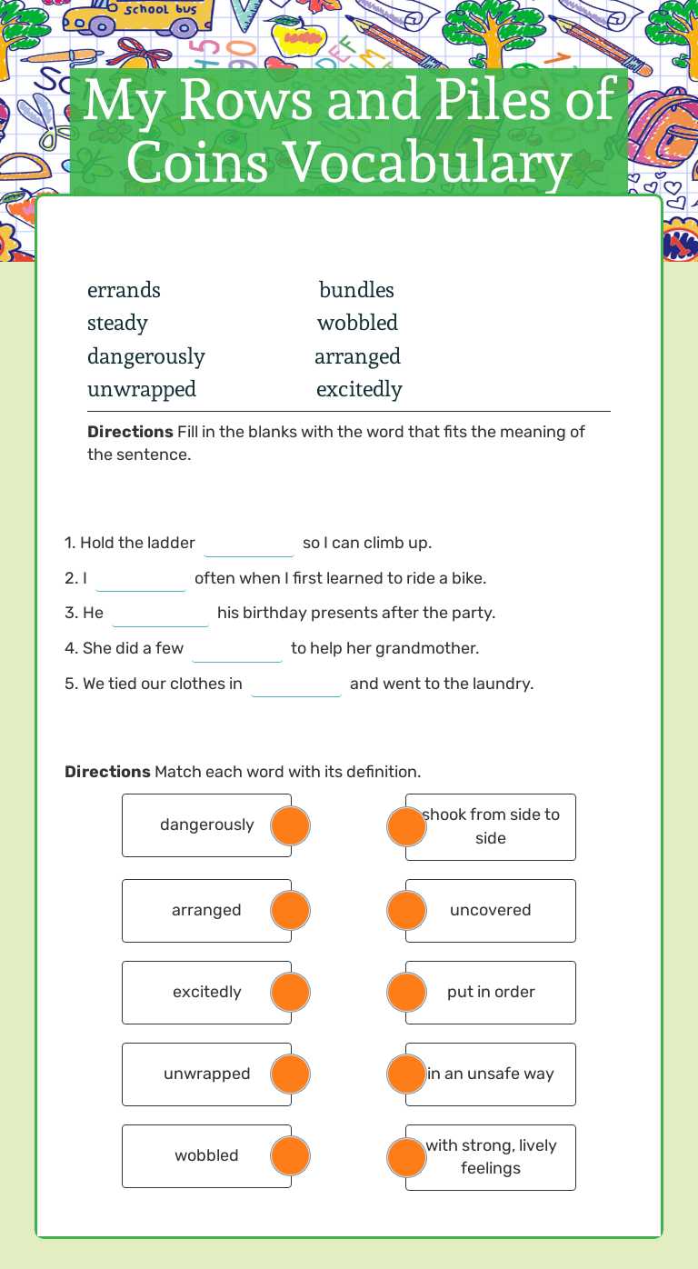 My Rows and Piles of Coins Vocabulary Grade 3 worksheet preview