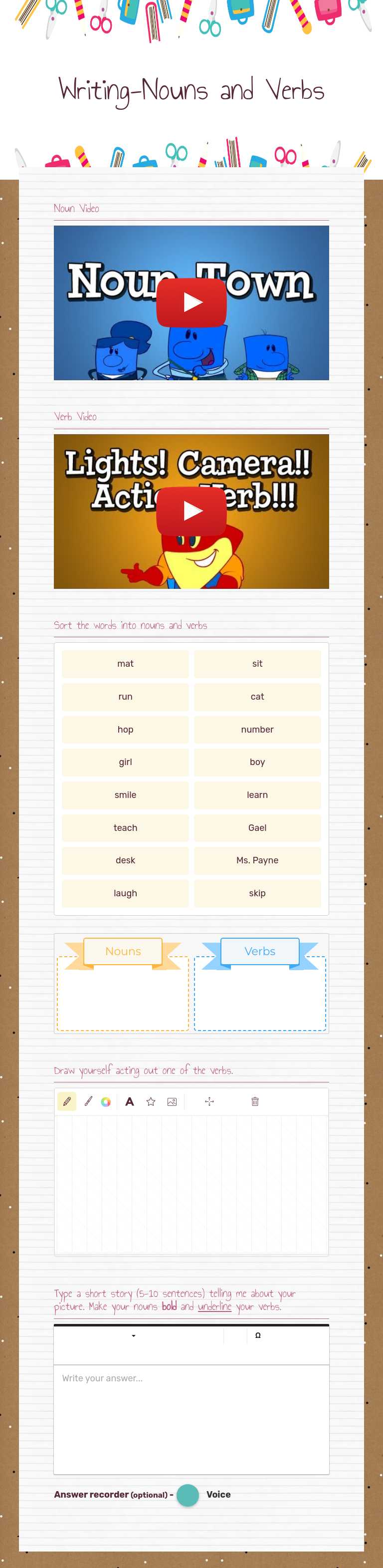 Writing-Nouns and Verbs worksheet preview image