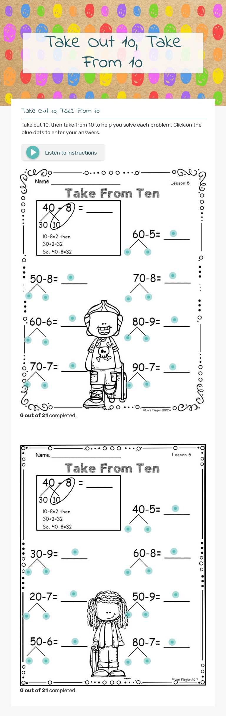 Take Out 10,       
 Take From 10 worksheet preview image