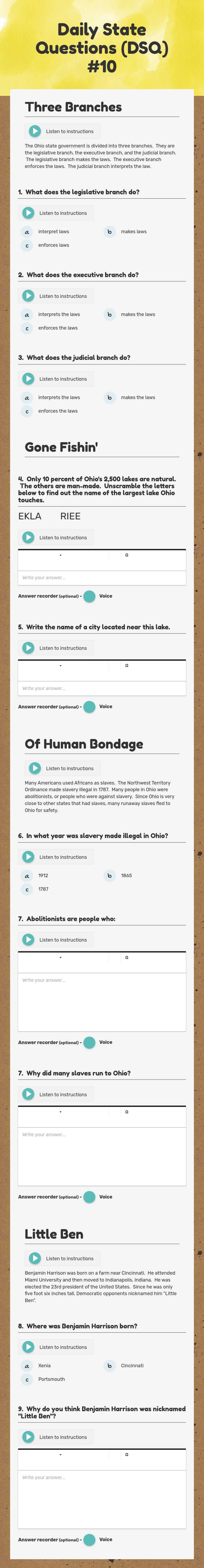 Daily State Questions (DSQ) #10 worksheet preview image