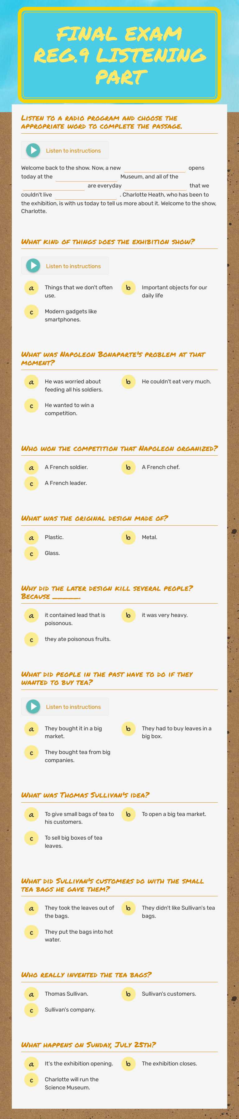 final exam reg.9 
listening part Other worksheet preview