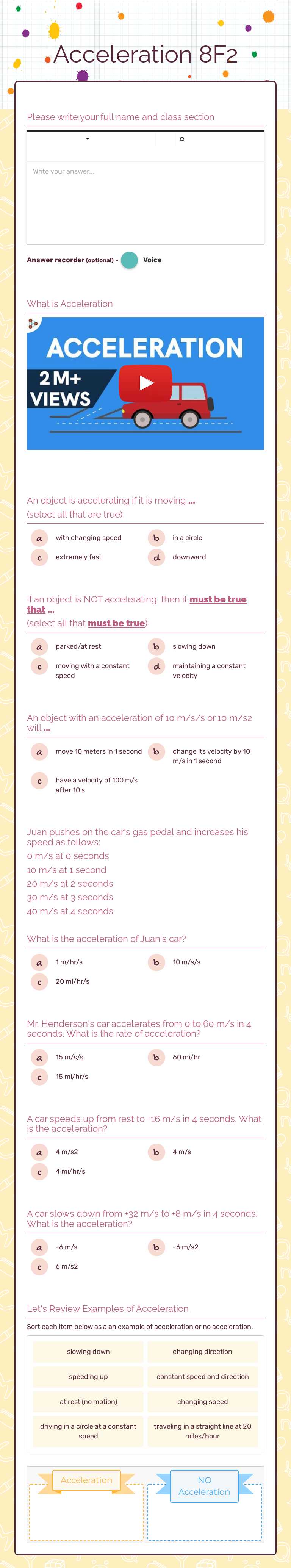 Acceleration 8F2 Grade 9 worksheet preview