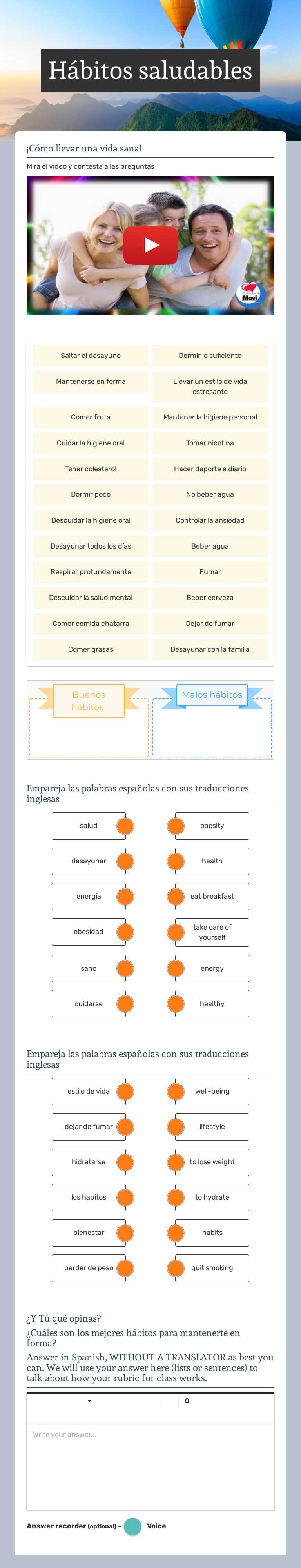 Hábitos saludables Grade 10 worksheet preview
