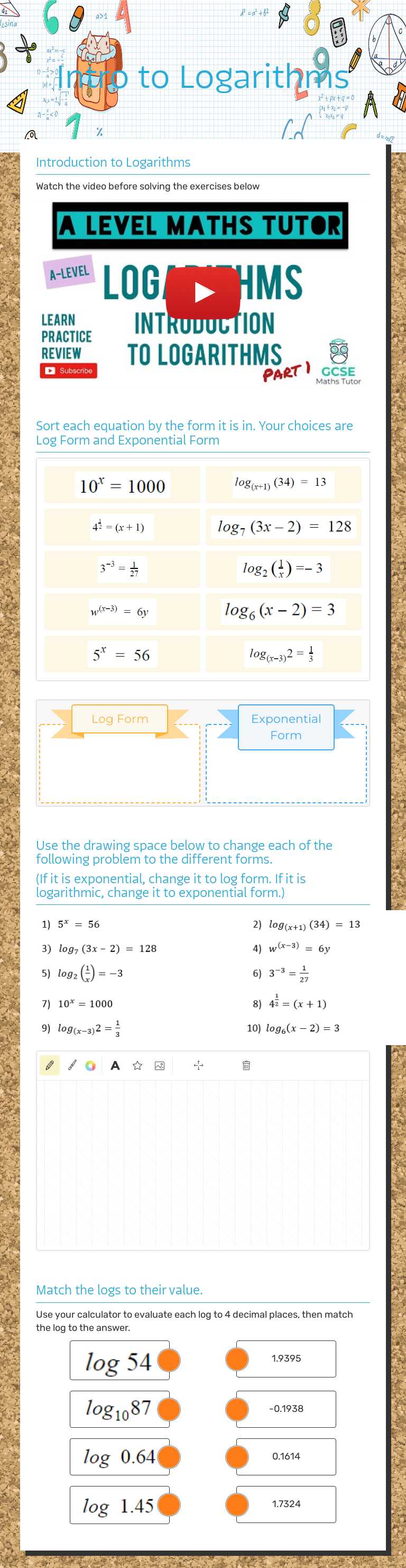 Intro to Logarithms Grade 10 worksheet preview