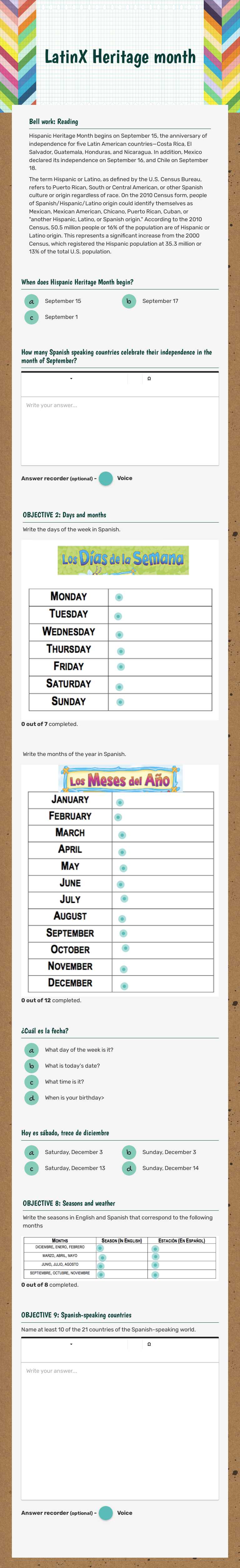 LatinX Heritage month worksheet preview image